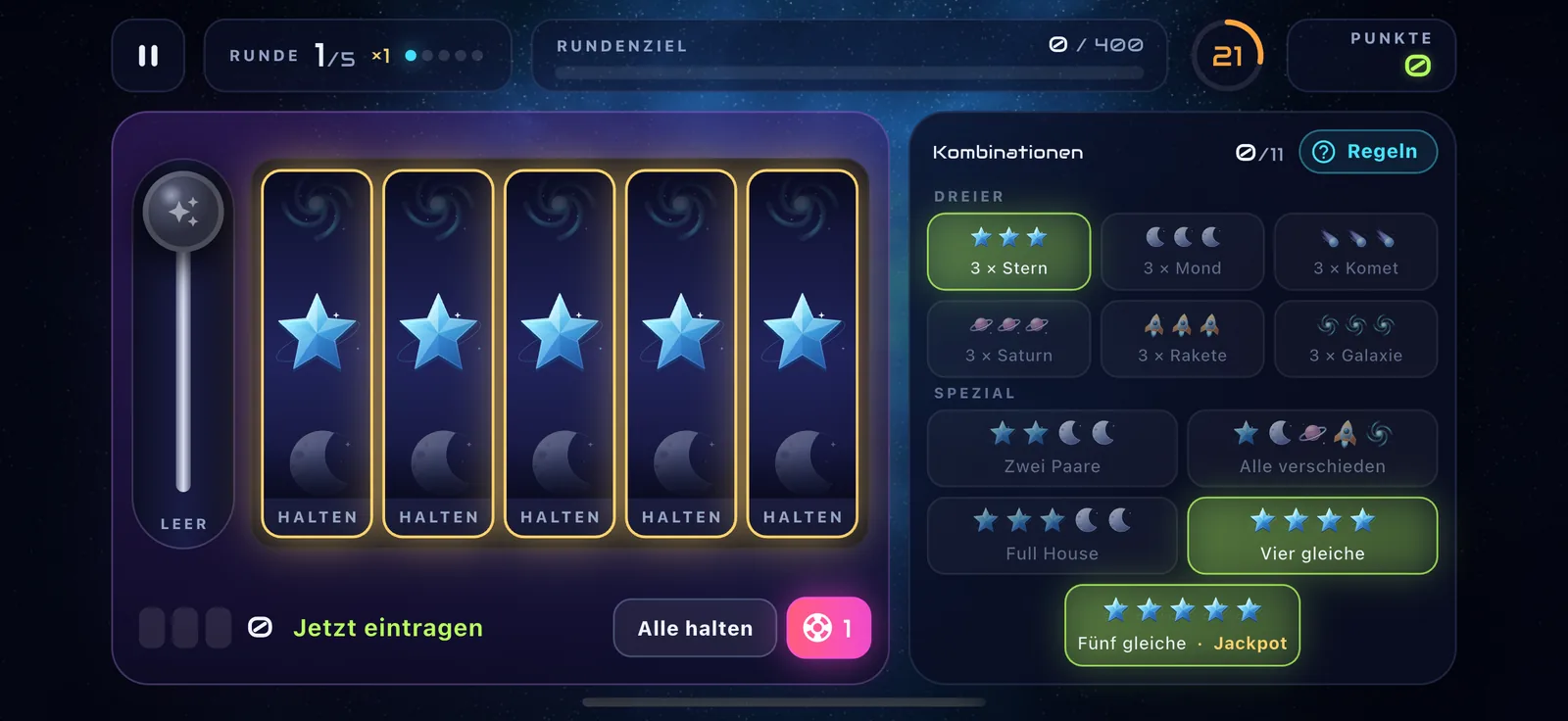 Five stars on the reels, ready for the jackpot